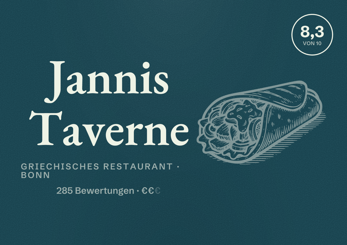 Illustriertes Poster von Jannis Taverne, Griechisches Restaurant in Bonn: Bewertung 8,3 von 10 aus 285 Bewertungen, Preisniveau €€