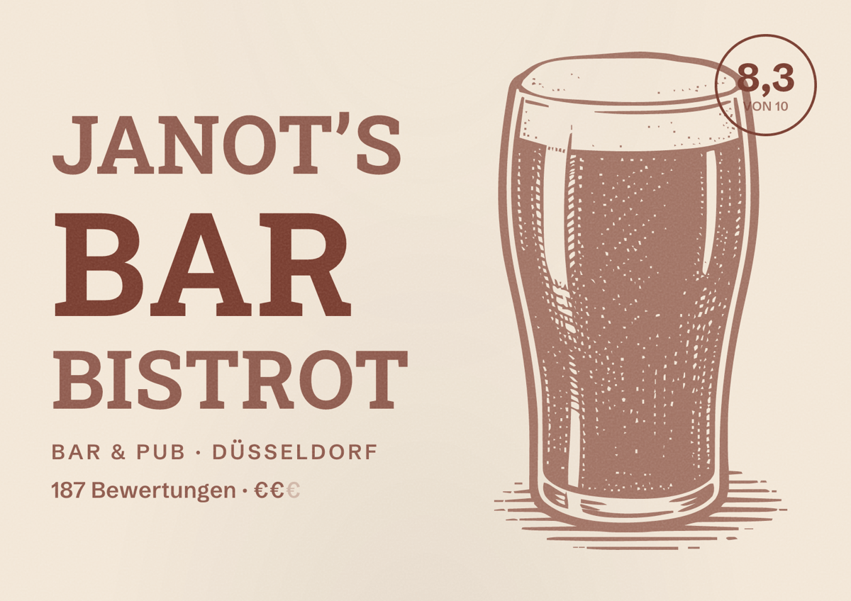 Illustriertes Poster von Janot’s Bar Bistrot, Bar & Pub in Düsseldorf: Bewertung 8,3 von 10 aus 187 Bewertungen, Preisniveau €€