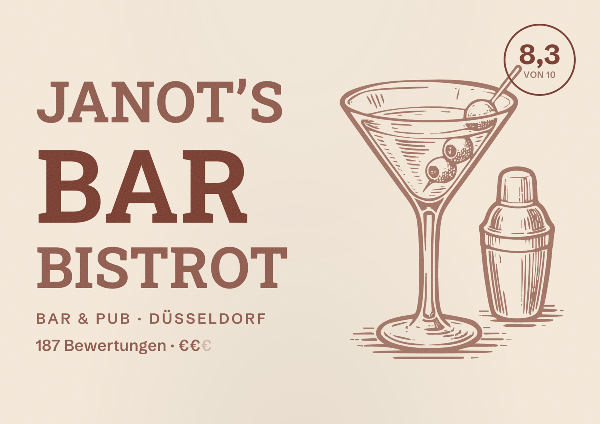 Illustriertes Poster von Janot’s Bar Bistrot, Bar & Pub in Düsseldorf: Bewertung 8,3 von 10 aus 187 Bewertungen, Preisniveau €€