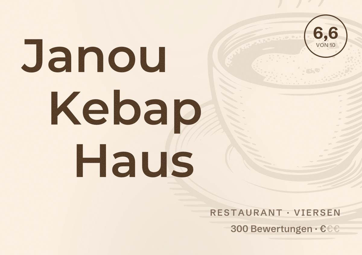 Illustriertes Poster von Janou Kebap Haus, Restaurant in Viersen: Bewertung 6,6 von 10 aus 300 Bewertungen, Preisniveau €