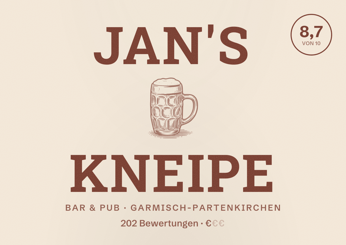 Illustriertes Poster von Jan's Kneipe, Bar & Pub in Garmisch-Partenkirchen: Bewertung 8,7 von 10 aus 202 Bewertungen, Preisniveau €
