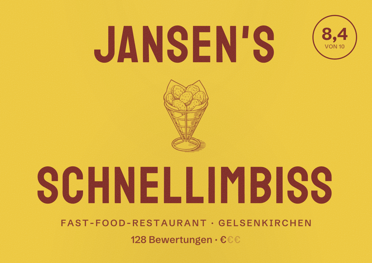 Illustriertes Poster von Jansen's Schnellimbiss, Fast-Food-Restaurant in Gelsenkirchen: Bewertung 8,4 von 10 aus 128 Bewertungen, Preisniveau €