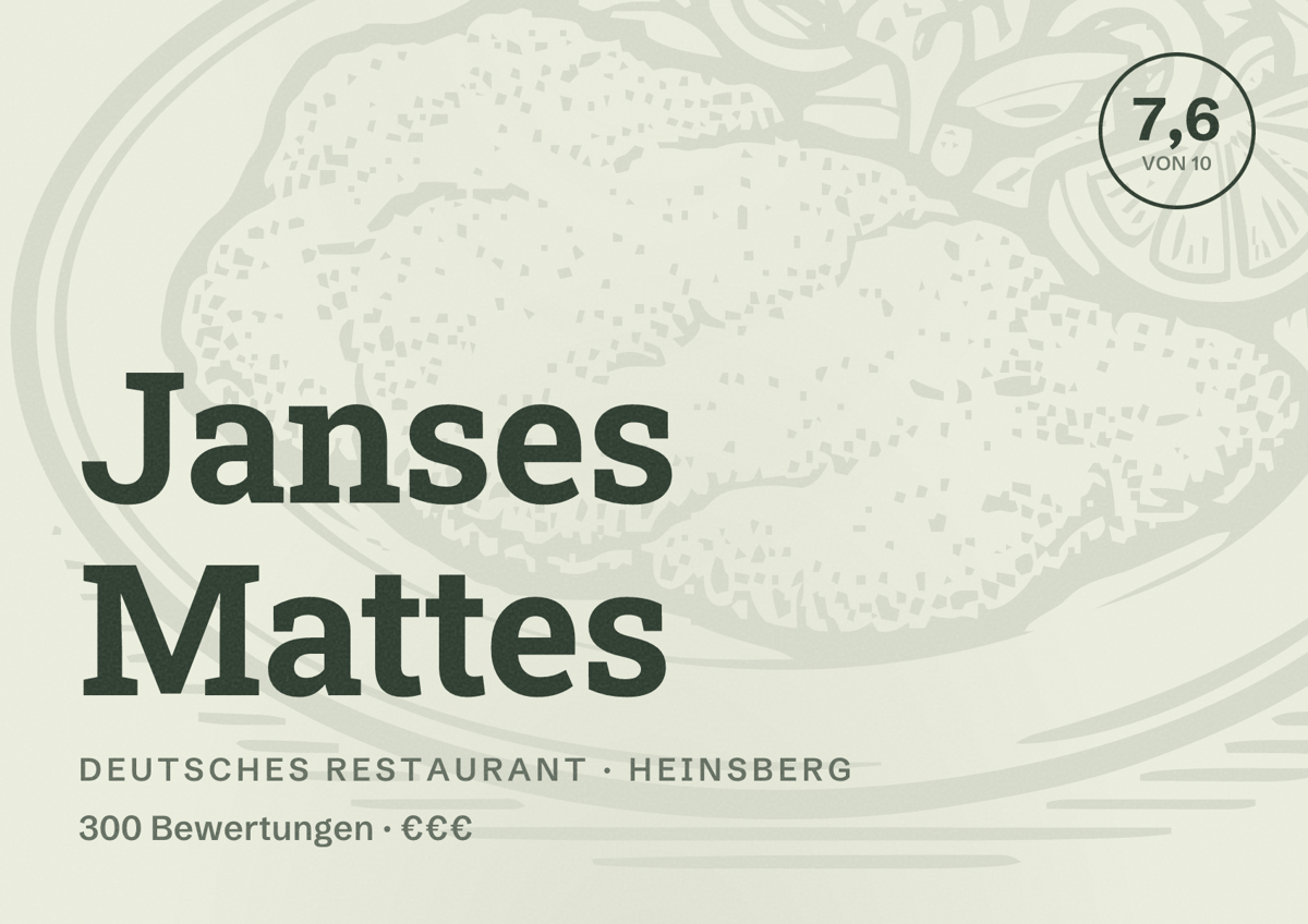 Illustriertes Poster von Janses Mattes, Deutsches Restaurant in Heinsberg: Bewertung 7,6 von 10 aus 300 Bewertungen, Preisniveau €€€