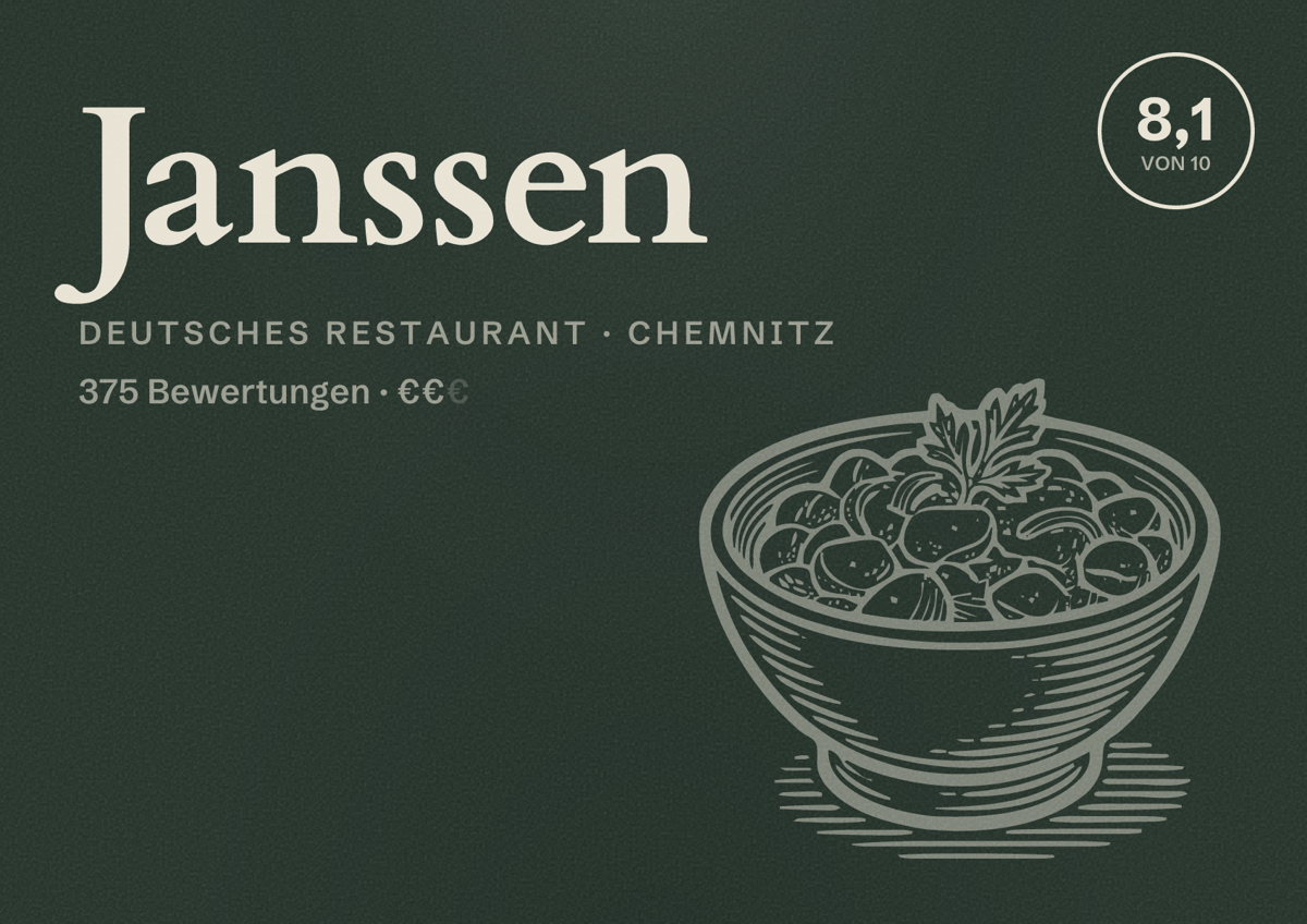 Illustriertes Poster von Janssen, Deutsches Restaurant in Chemnitz: Bewertung 8,1 von 10 aus 375 Bewertungen, Preisniveau €€