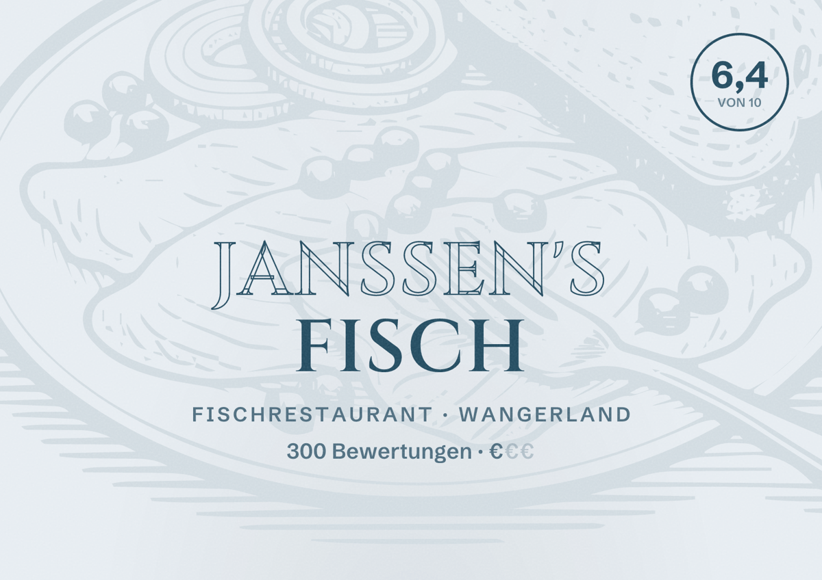 Illustriertes Poster von Janssen's Fisch, Fischrestaurant in Wangerland: Bewertung 6,4 von 10 aus 300 Bewertungen, Preisniveau €