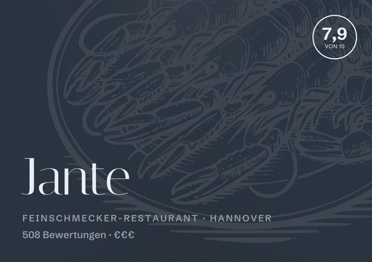 Illustriertes Poster von Jante, Feinschmecker-Restaurant in Hannover: Bewertung 7,9 von 10 aus 508 Bewertungen, Preisniveau €€€