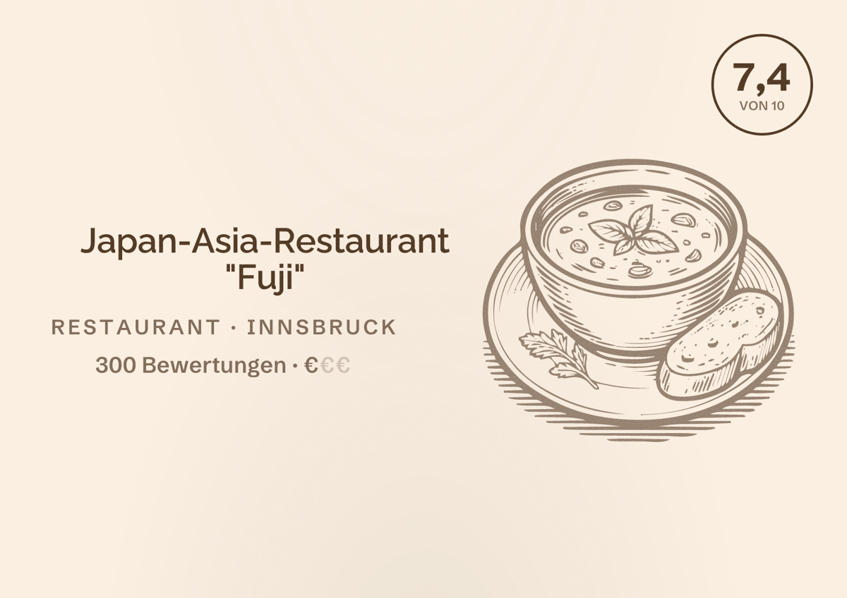 Illustriertes Poster von Japan-Asia-Restaurant "Fuji", Restaurant in Innsbruck: Bewertung 7,4 von 10 aus 300 Bewertungen, Preisniveau €