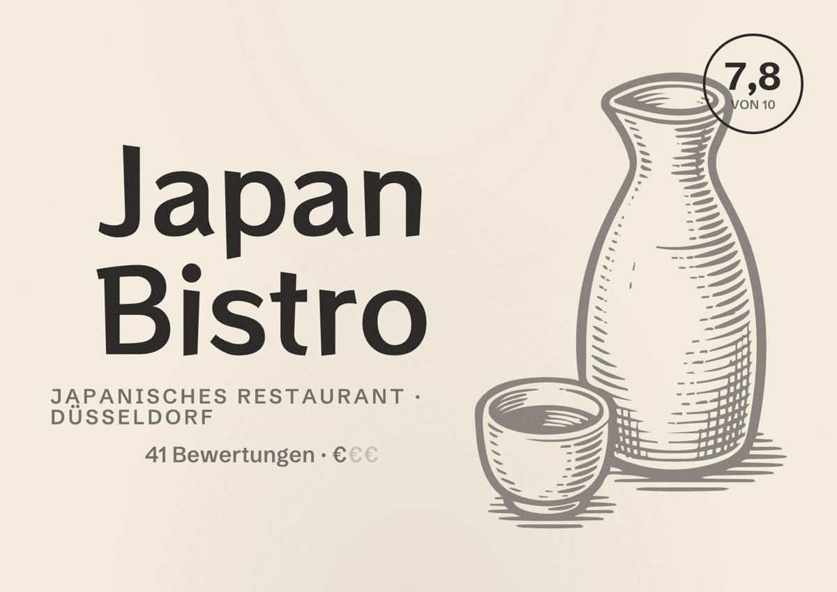Illustriertes Poster von Japan Bistro, Japanisches Restaurant in Düsseldorf: Bewertung 7,8 von 10 aus 41 Bewertungen, Preisniveau €