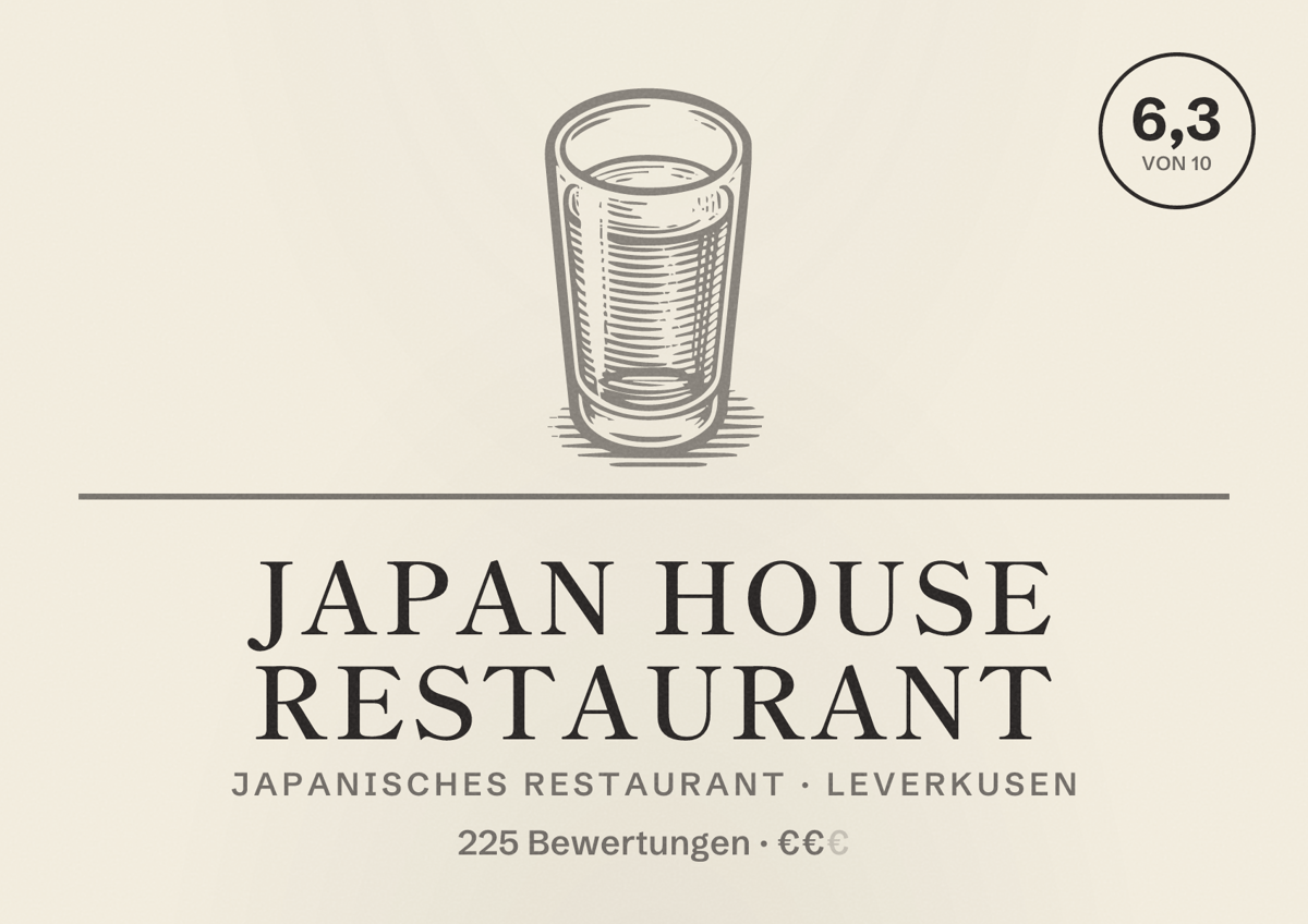 Illustriertes Poster von Japan House Restaurant, Japanisches Restaurant in Leverkusen: Bewertung 6,3 von 10 aus 225 Bewertungen, Preisniveau €€