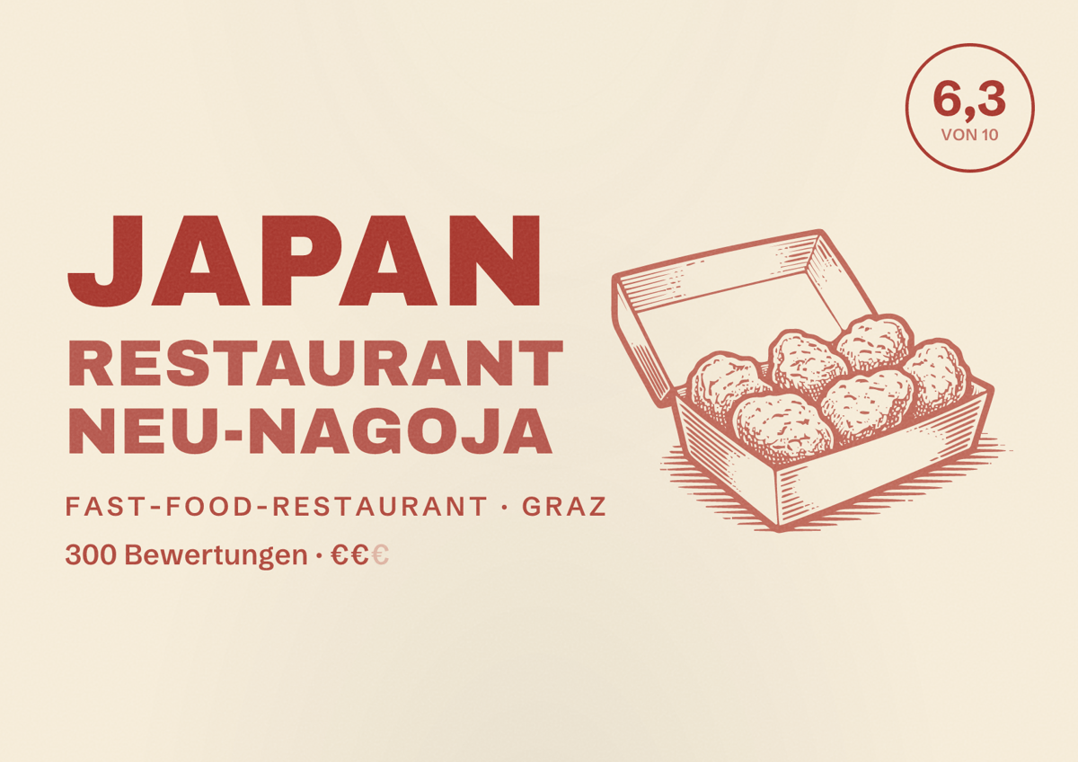 Illustriertes Poster von Japan Restaurant Neu-Nagoja, Fast-Food-Restaurant in Graz: Bewertung 6,3 von 10 aus 300 Bewertungen, Preisniveau €€