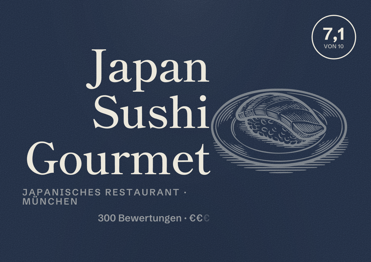 Illustriertes Poster von Japan Sushi Gourmet, Japanisches Restaurant in München: Bewertung 7,1 von 10 aus 300 Bewertungen, Preisniveau €€