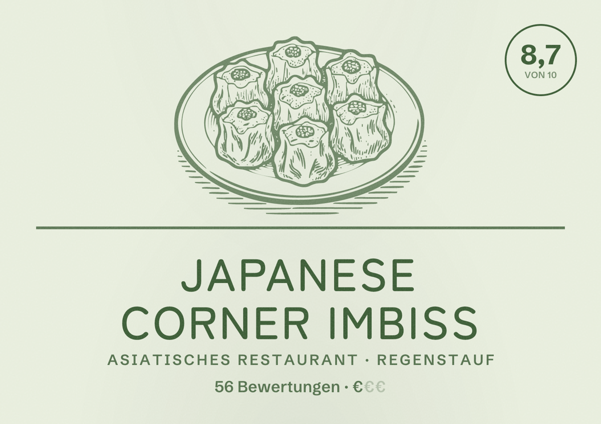 Illustriertes Poster von Japanese Corner Imbiss, Asiatisches Restaurant in Regenstauf: Bewertung 8,7 von 10 aus 56 Bewertungen, Preisniveau €