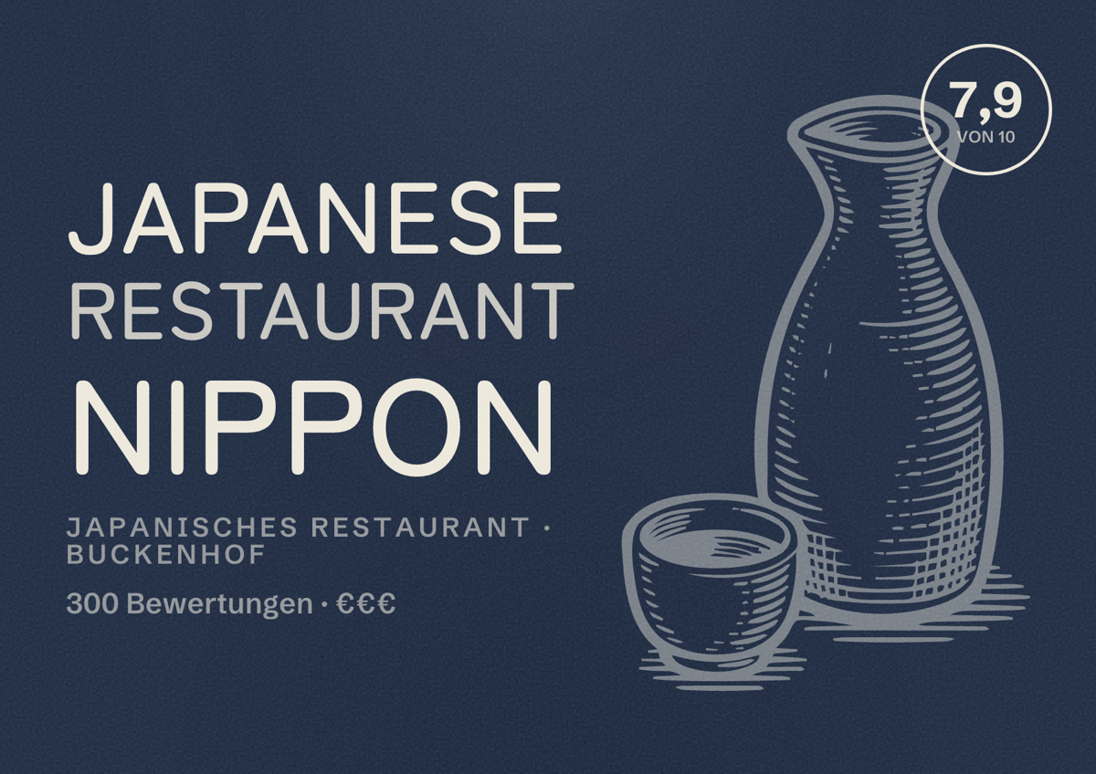 Illustriertes Poster von Japanese Restaurant Nippon, Japanisches Restaurant in Buckenhof: Bewertung 7,9 von 10 aus 300 Bewertungen, Preisniveau €€€