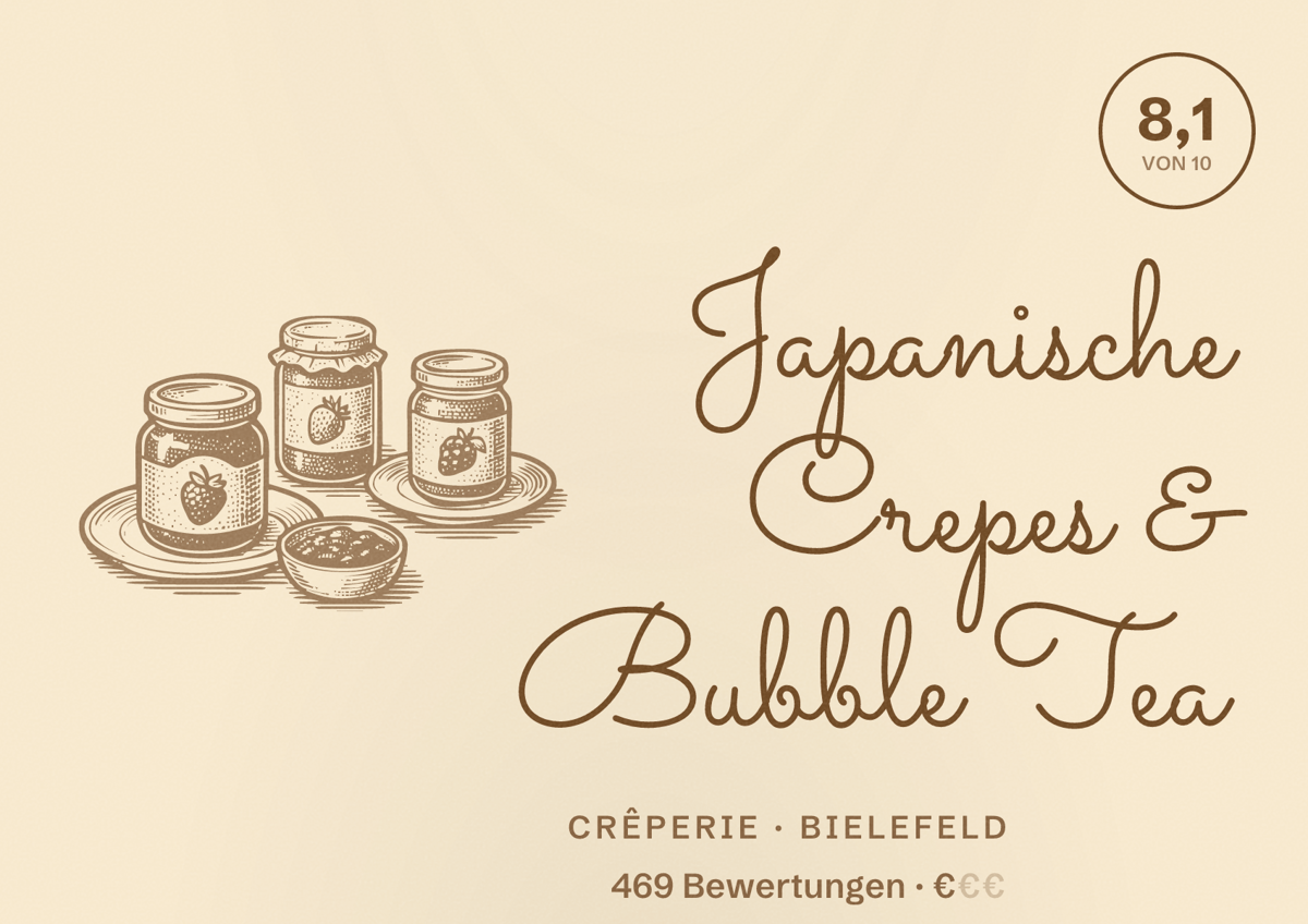 Illustriertes Poster von Japanische Crepes & Bubble Tea, Crêperie in Bielefeld: Bewertung 8,1 von 10 aus 469 Bewertungen, Preisniveau €