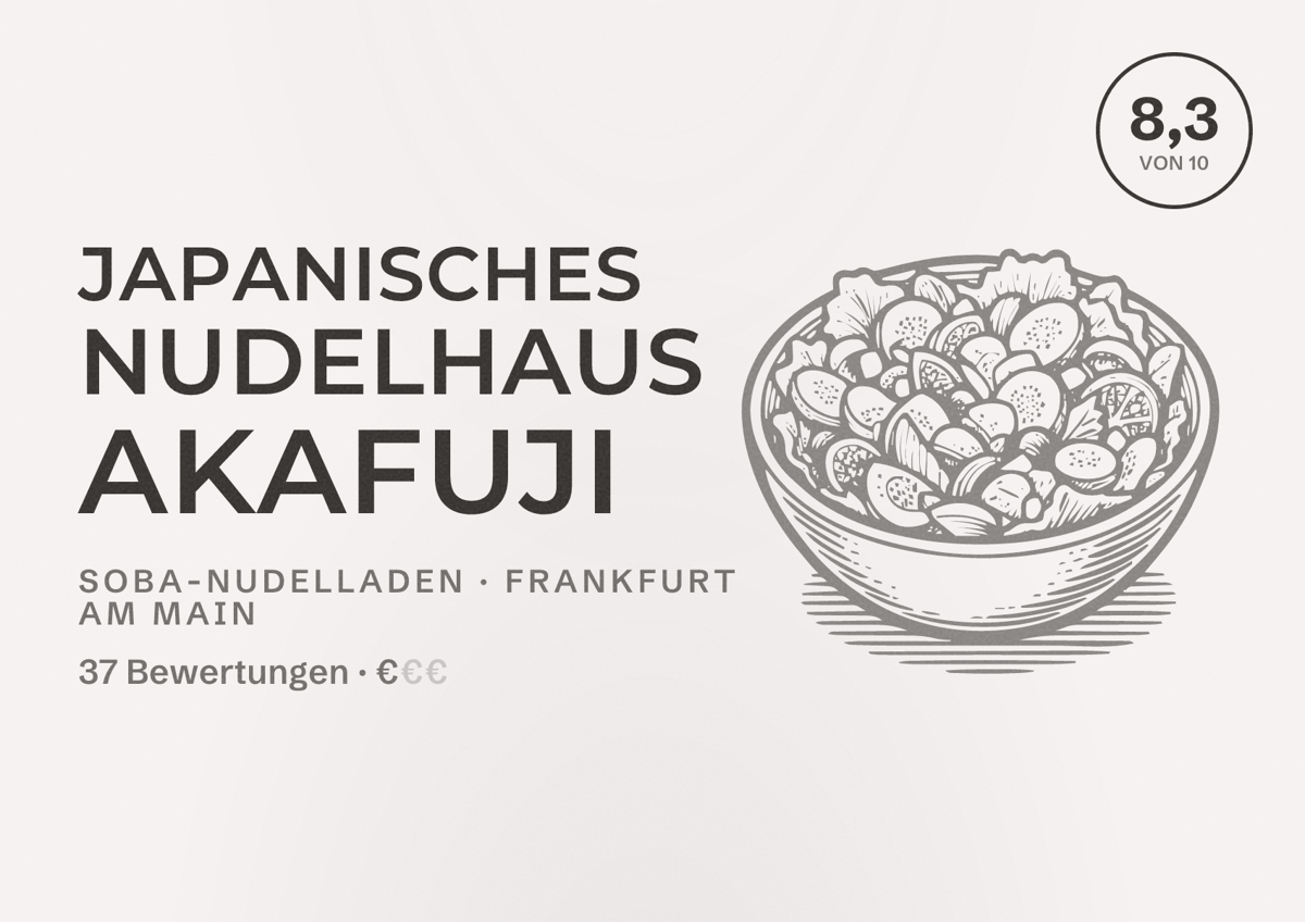 Illustriertes Poster von Japanisches Nudelhaus AKAFUJI, Soba-Nudelladen in Frankfurt am Main: Bewertung 8,3 von 10 aus 37 Bewertungen, Preisniveau €