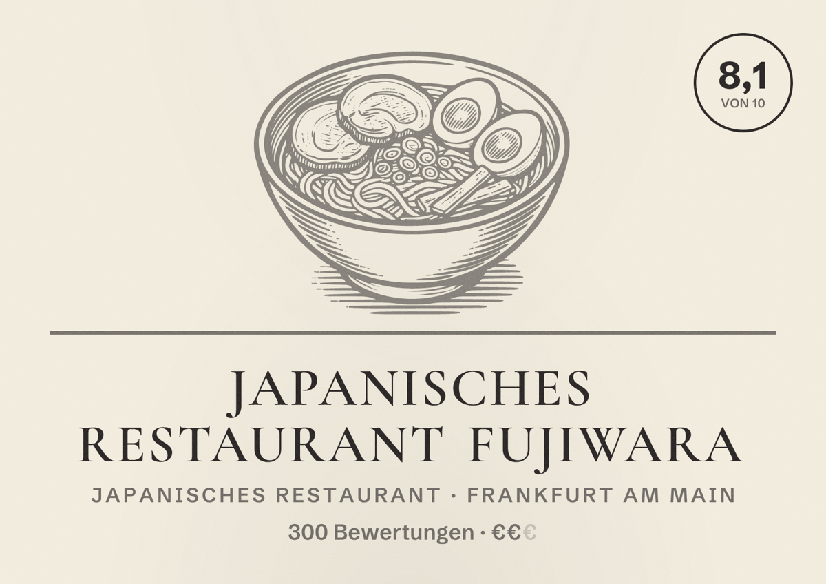 Illustriertes Poster von Japanisches Restaurant Fujiwara, Japanisches Restaurant in Frankfurt am Main: Bewertung 8,1 von 10 aus 300 Bewertungen, Preisniveau €€