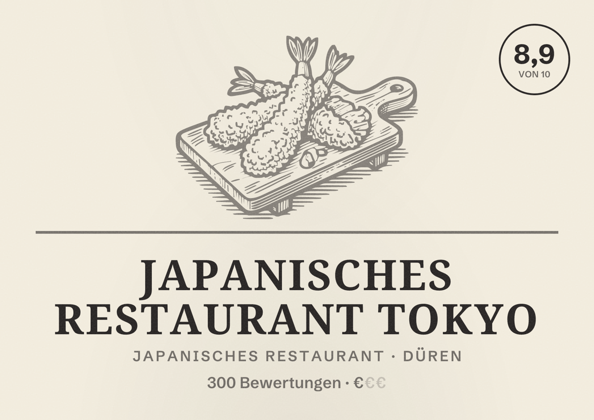 Illustriertes Poster von Japanisches Restaurant TOKYO, Japanisches Restaurant in Düren: Bewertung 8,9 von 10 aus 300 Bewertungen, Preisniveau €