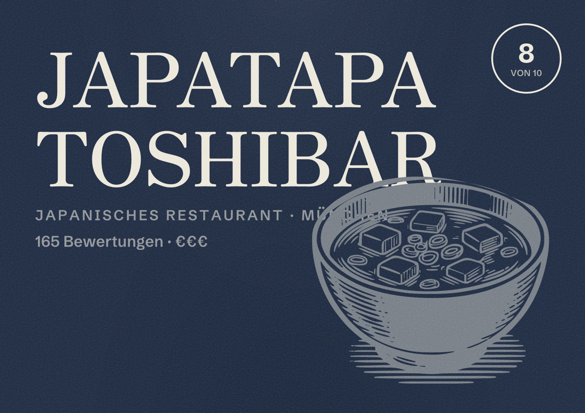 Illustriertes Poster von JAPATAPA TOSHIBAR, Japanisches Restaurant in München: Bewertung 8,0 von 10 aus 165 Bewertungen, Preisniveau €€€