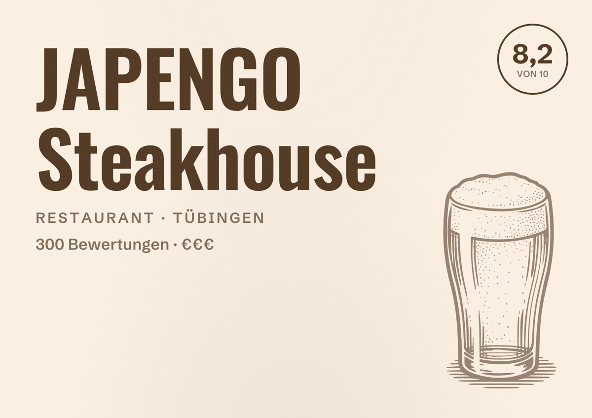 Illustriertes Poster von JAPENGO Steakhouse, Restaurant in Tübingen: Bewertung 8,2 von 10 aus 300 Bewertungen, Preisniveau €€€