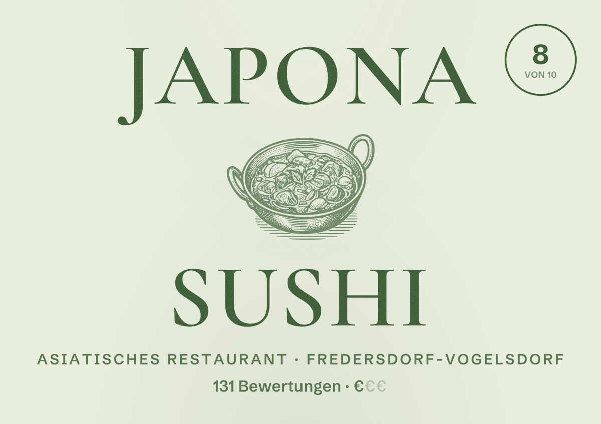 Illustriertes Poster von Japona Sushi, Asiatisches Restaurant in Fredersdorf-Vogelsdorf: Bewertung 8 von 10 aus 131 Bewertungen, Preisniveau €
