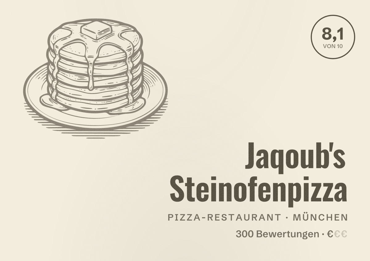Illustriertes Poster von Jaqoub's Steinofenpizza, Pizza-Restaurant in München: Bewertung 8,1 von 10 aus 300 Bewertungen, Preisniveau €