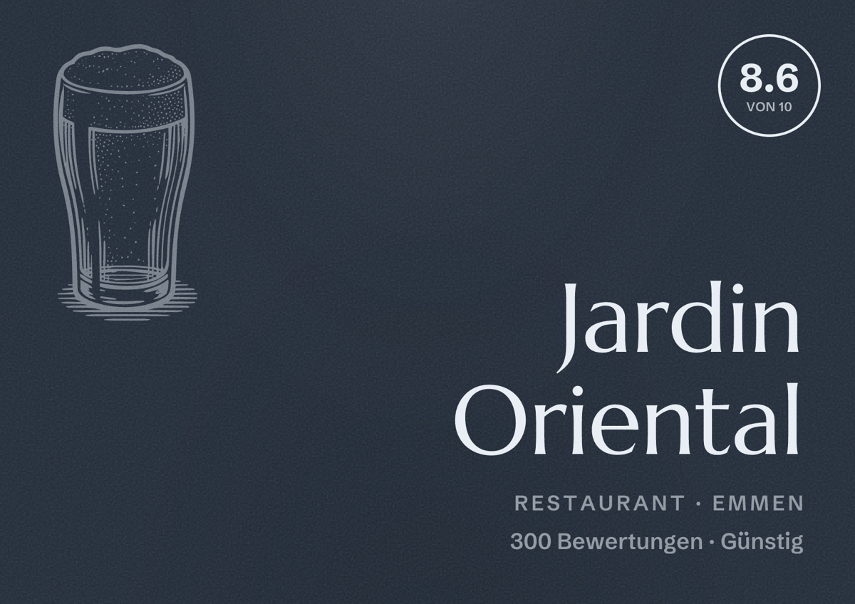 Illustriertes Poster von Jardin Oriental, Restaurant in Emmen: Bewertung 8.6 von 10 aus 300 Bewertungen, Preisniveau Günstig