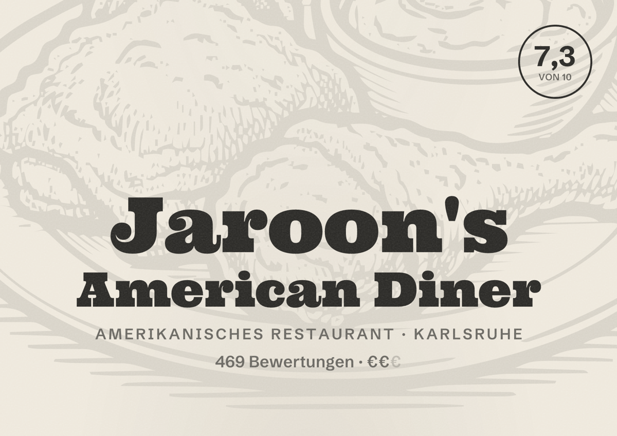 Illustriertes Poster von Jaroon's American Diner, Amerikanisches Restaurant in Karlsruhe: Bewertung 7,3 von 10 aus 469 Bewertungen, Preisniveau €€