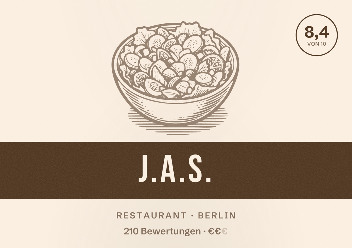 Illustriertes Poster von J.A.S., Restaurant in Berlin: Bewertung 8,4 von 10 aus 210 Bewertungen, Preisniveau €€