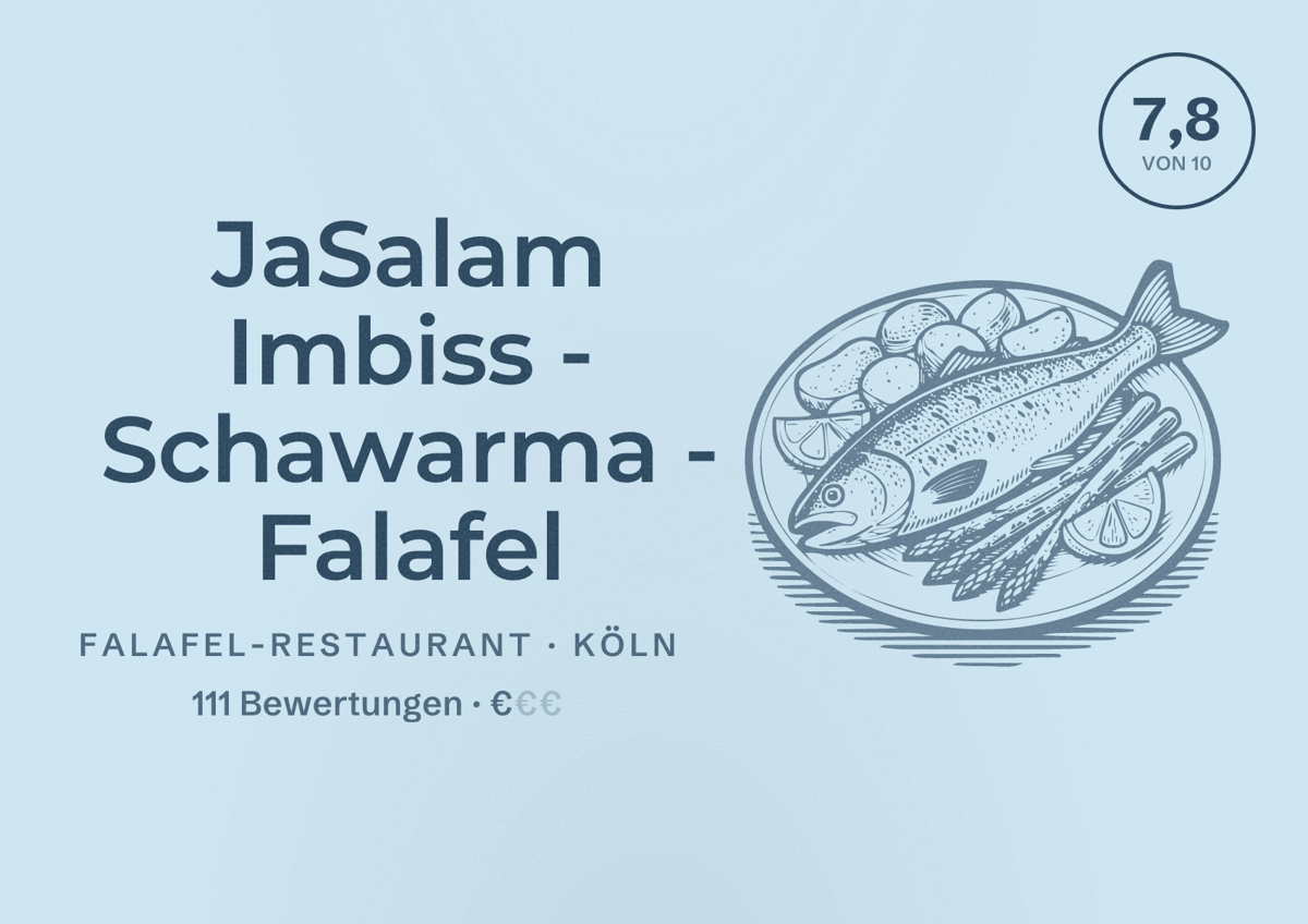 Illustriertes Poster von JaSalam Imbiss - Schawarma - Falafel, Falafel-Restaurant in Köln: Bewertung 7,8 von 10 aus 111 Bewertungen, Preisniveau €