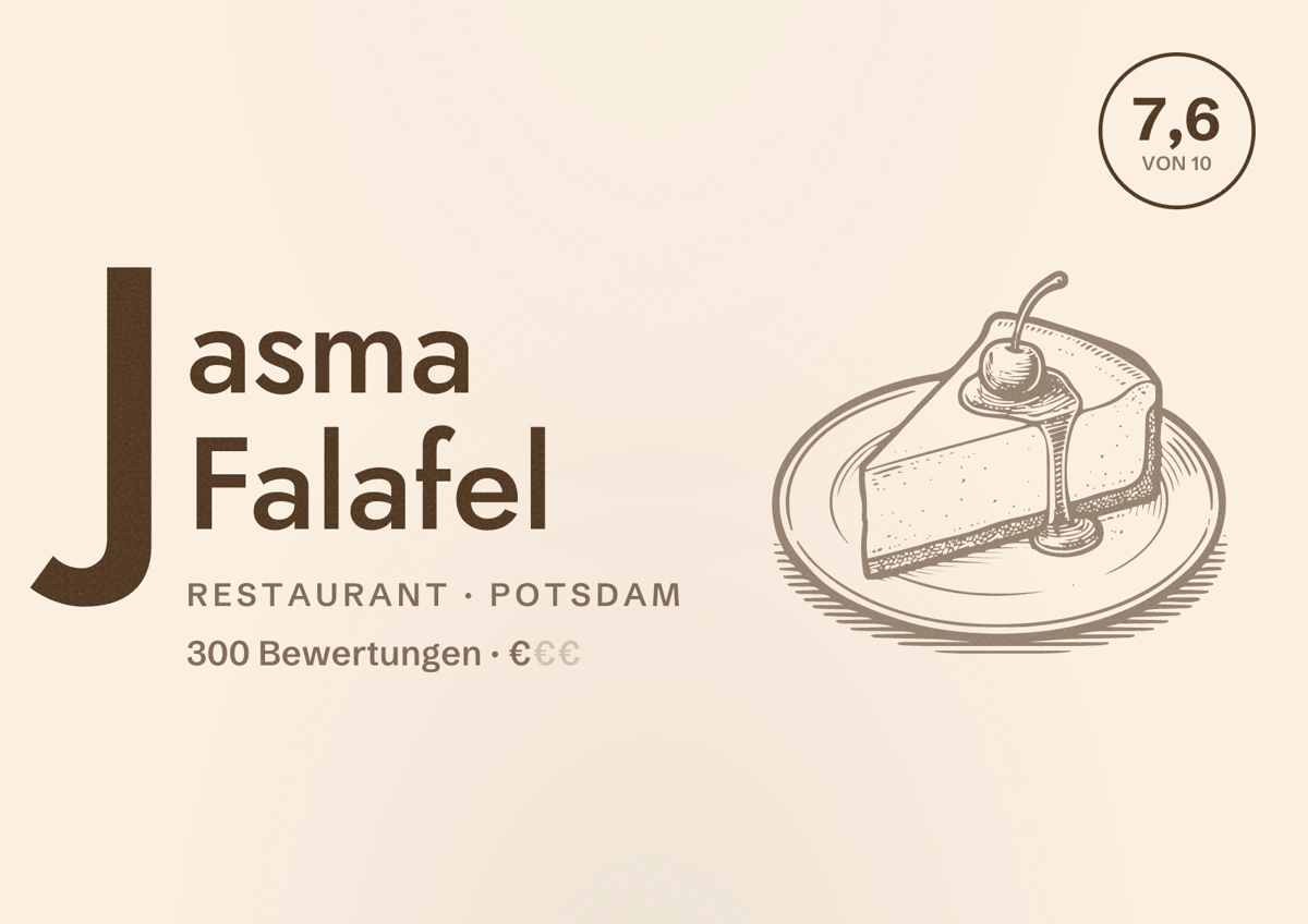 Illustriertes Poster von Jasma Falafel, Restaurant in Potsdam: Bewertung 7,6 von 10 aus 300 Bewertungen, Preisniveau €