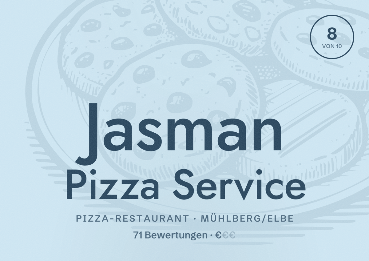 Illustriertes Poster von Jasman Pizza Service, Pizza-Restaurant in Mühlberg/Elbe: Bewertung 8 von 10 aus 71 Bewertungen, Preisniveau €