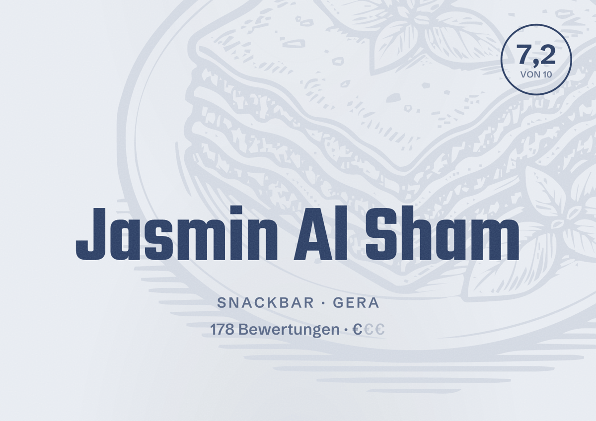 Illustriertes Poster von Jasmin Al Sham, Snackbar in Gera: Bewertung 7,2 von 10 aus 178 Bewertungen, Preisniveau €