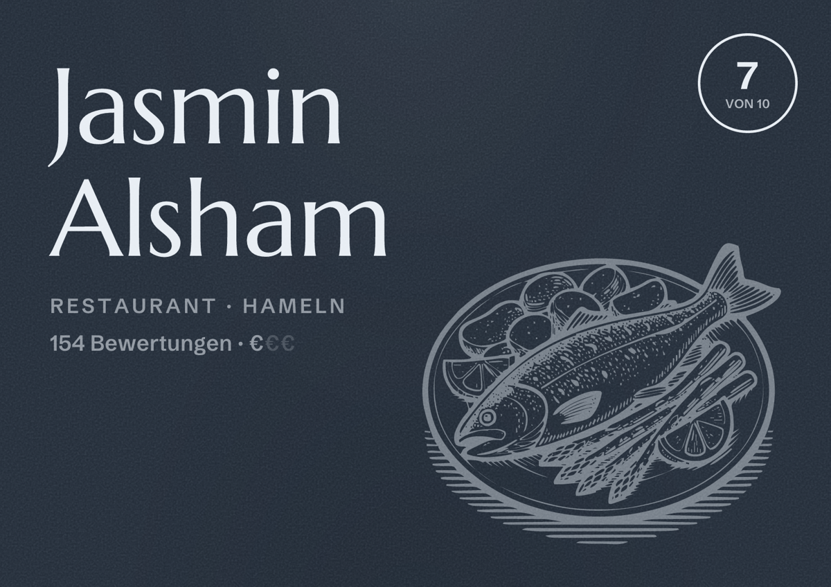 Illustriertes Poster von Jasmin Alsham, Restaurant in Hameln: Bewertung 7 von 10 aus 154 Bewertungen, Preisniveau €
