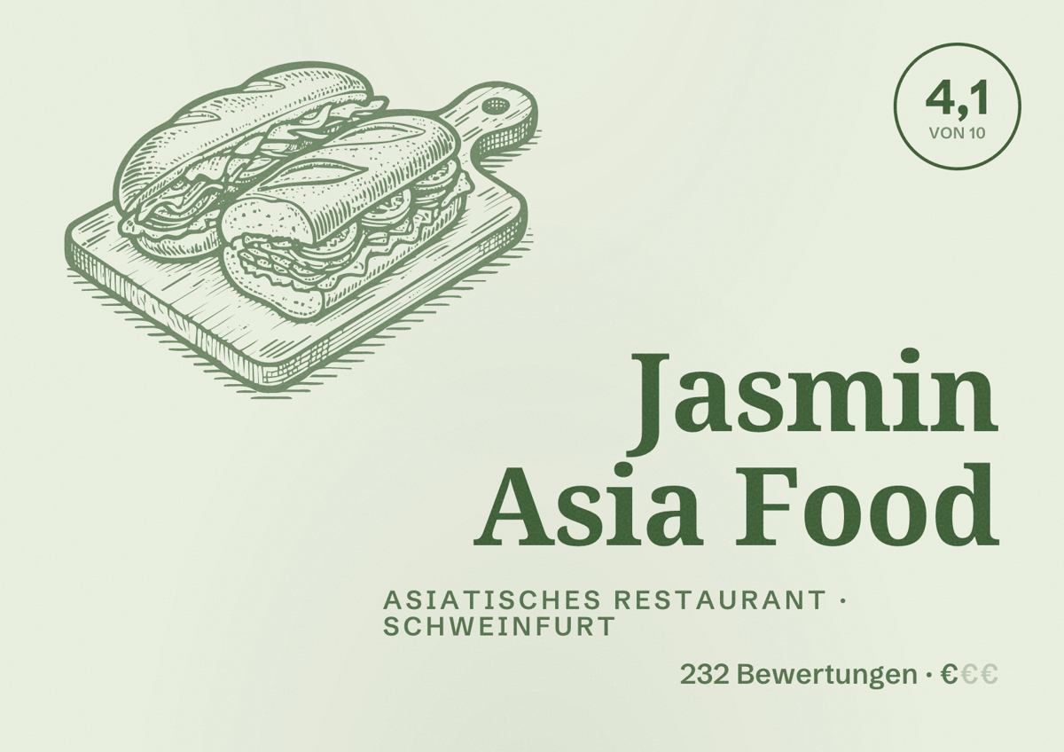 Illustriertes Poster von Jasmin Asia Food, Asiatisches Restaurant in Schweinfurt: Bewertung 4,1 von 10 aus 232 Bewertungen, Preisniveau €