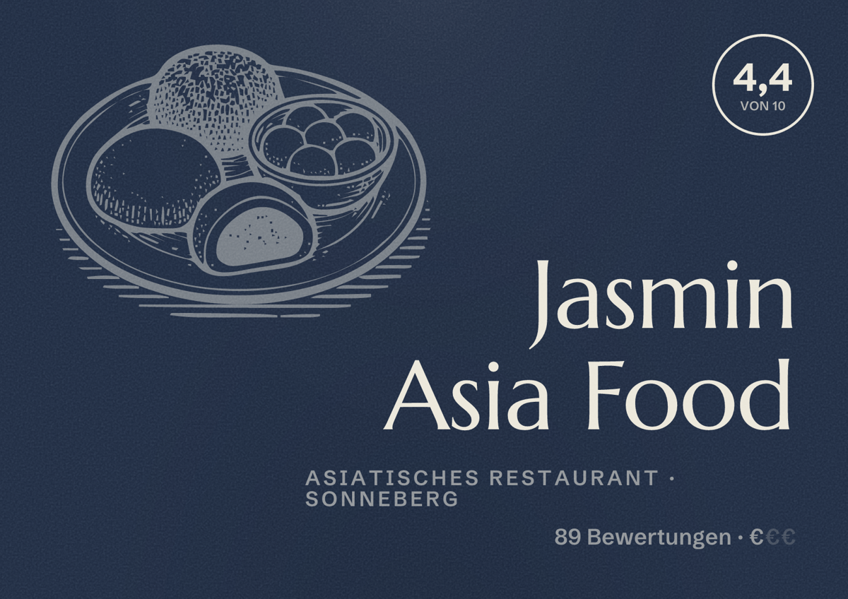 Illustriertes Poster von Jasmin Asia Food, Asiatisches Restaurant in Sonneberg: Bewertung 4,4 von 10 aus 89 Bewertungen, Preisniveau €