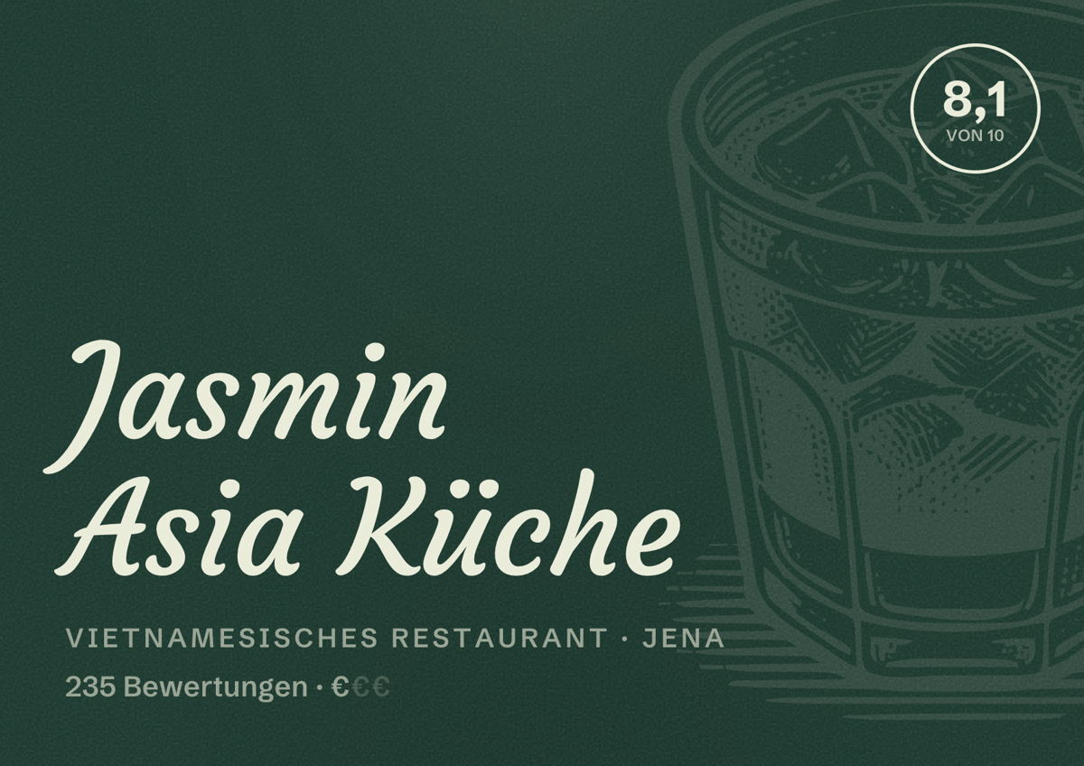 Illustriertes Poster von Jasmin Asia Küche, Vietnamesisches Restaurant in Jena: Bewertung 8,1 von 10 aus 235 Bewertungen, Preisniveau €
