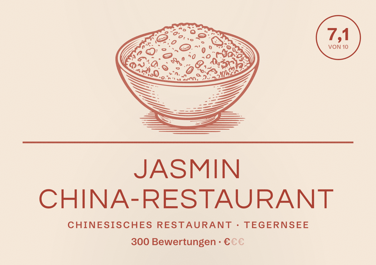 Illustriertes Poster von Jasmin China-Restaurant, Chinesisches Restaurant in Tegernsee: Bewertung 7,1 von 10 aus 300 Bewertungen, Preisniveau €
