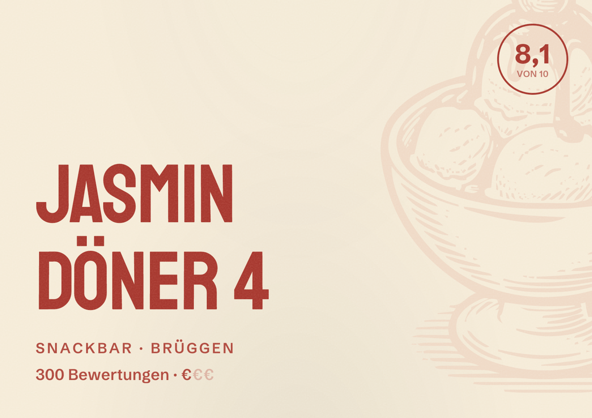 Illustriertes Poster von Jasmin Döner 4, Snackbar in Brüggen: Bewertung 8,1 von 10 aus 300 Bewertungen, Preisniveau €