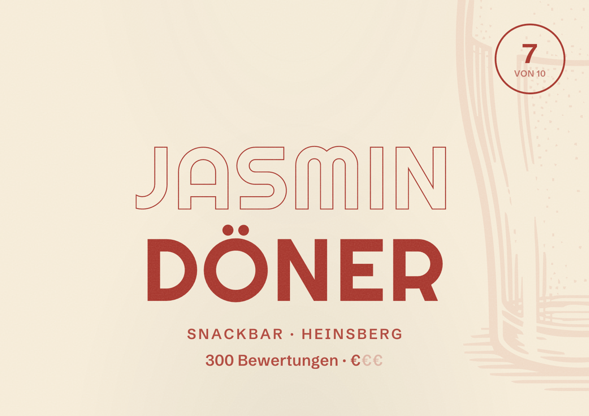 Illustriertes Poster von Jasmin Döner, Snackbar in Heinsberg: Bewertung 7 von 10 aus 300 Bewertungen, Preisniveau €