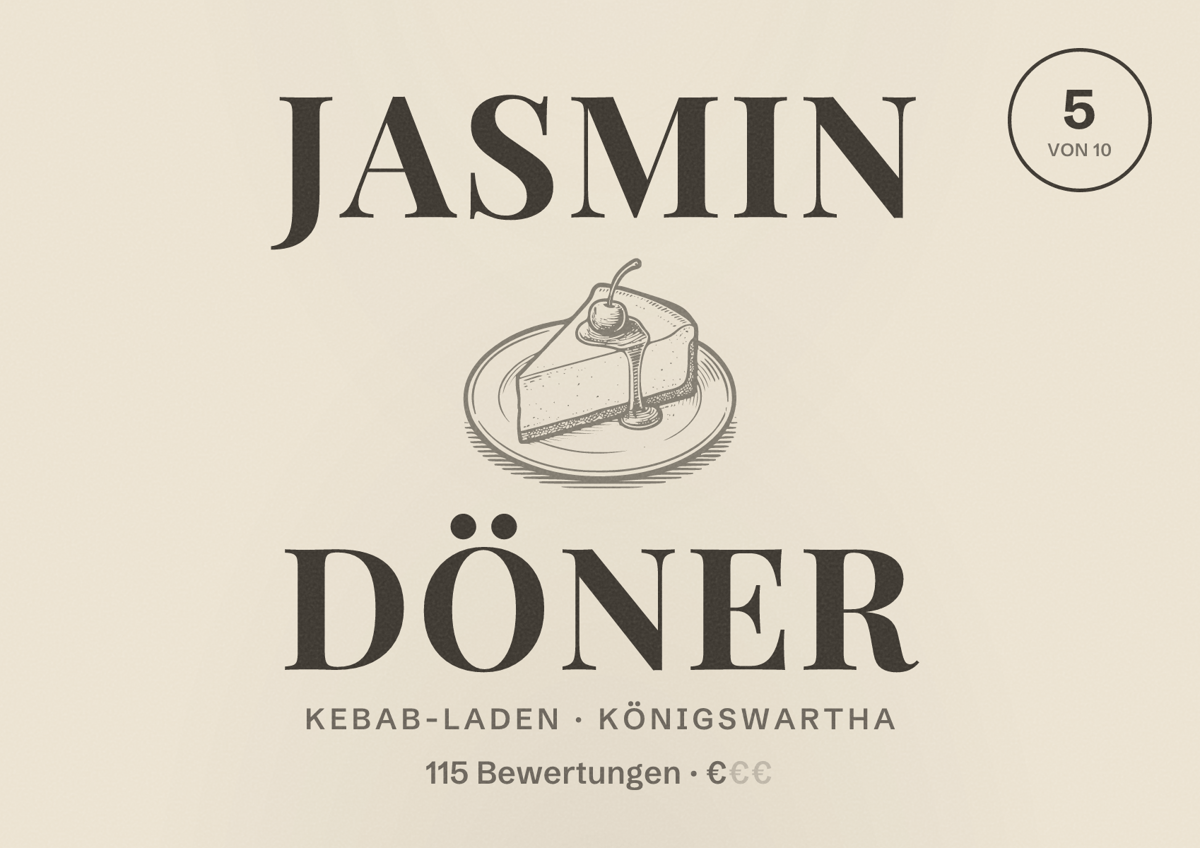 Illustriertes Poster von Jasmin Döner, Kebab-Laden in Königswartha: Bewertung 5 von 10 aus 115 Bewertungen, Preisniveau €
