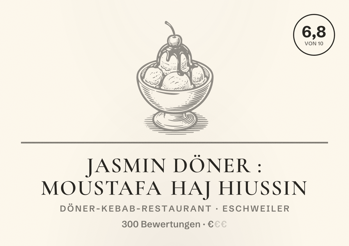 Illustriertes Poster von Jasmin Döner : Moustafa Haj Hiussin, Döner-Kebab-Restaurant in Eschweiler: Bewertung 6,8 von 10 aus 300 Bewertungen, Preisniveau €