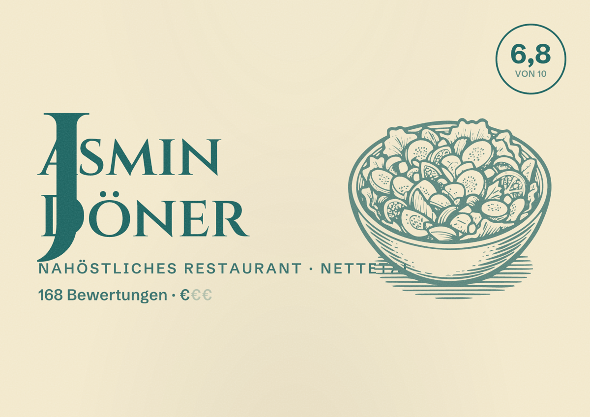 Illustriertes Poster von Jasmin Döner, Nahöstliches Restaurant in Nettetal: Bewertung 6,8 von 10 aus 168 Bewertungen, Preisniveau €