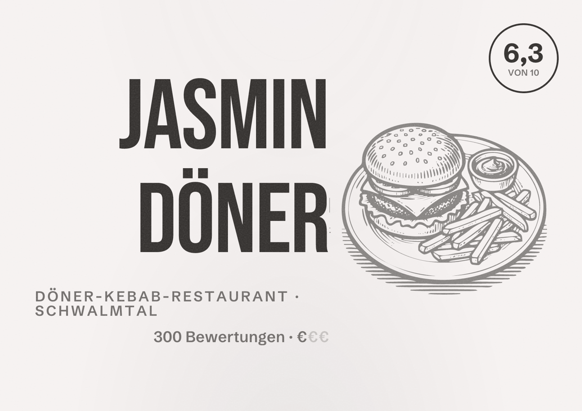 Illustriertes Poster von Jasmin Döner, Döner-Kebab-Restaurant in Schwalmtal: Bewertung 6,3 von 10 aus 300 Bewertungen, Preisniveau €