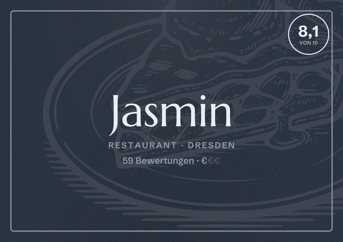Illustriertes Poster von Jasmin, Restaurant in Dresden: Bewertung 8,1 von 10 aus 59 Bewertungen, Preisniveau €