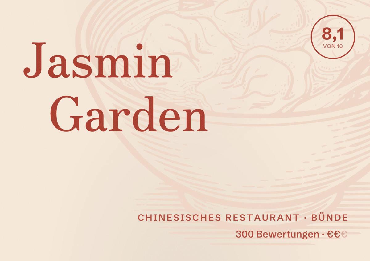 Illustriertes Poster von Jasmin Garden, Chinesisches Restaurant in Bünde: Bewertung 8,1 von 10 aus 300 Bewertungen, Preisniveau €€