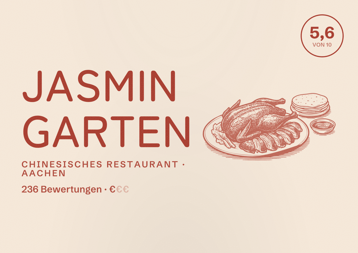 Illustriertes Poster von Jasmin Garten, Chinesisches Restaurant in Aachen: Bewertung 5,6 von 10 aus 236 Bewertungen, Preisniveau €