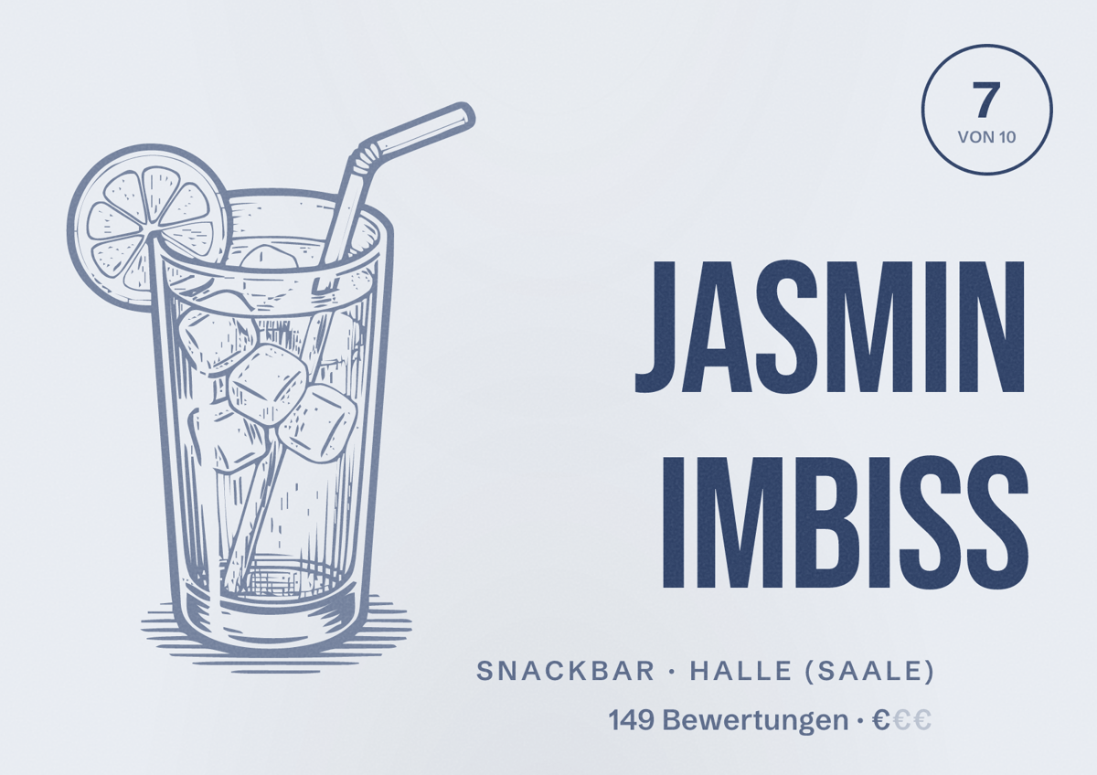 Illustriertes Poster von Jasmin Imbiss, Snackbar in Halle (Saale): Bewertung 7 von 10 aus 149 Bewertungen, Preisniveau €