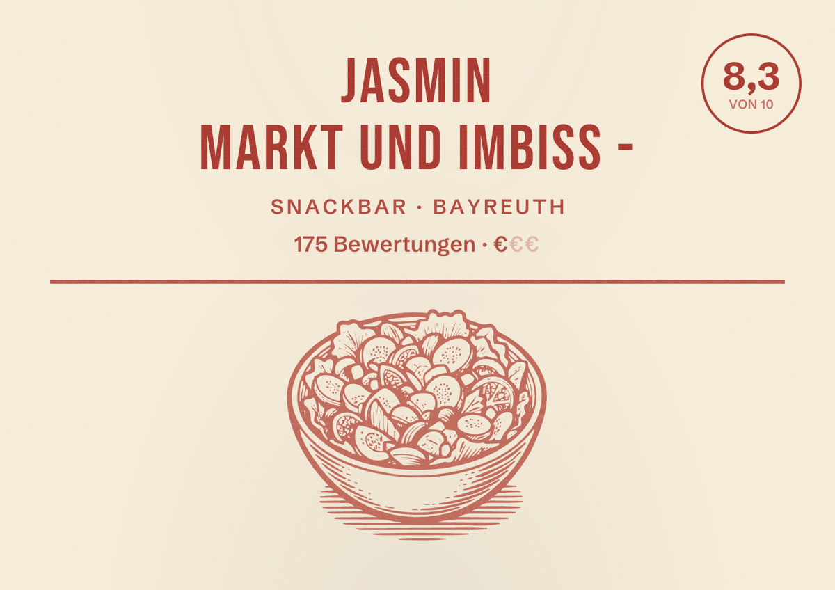 Illustriertes Poster von Jasmin Markt und Imbiss -, Snackbar in Bayreuth: Bewertung 8,3 von 10 aus 175 Bewertungen, Preisniveau €