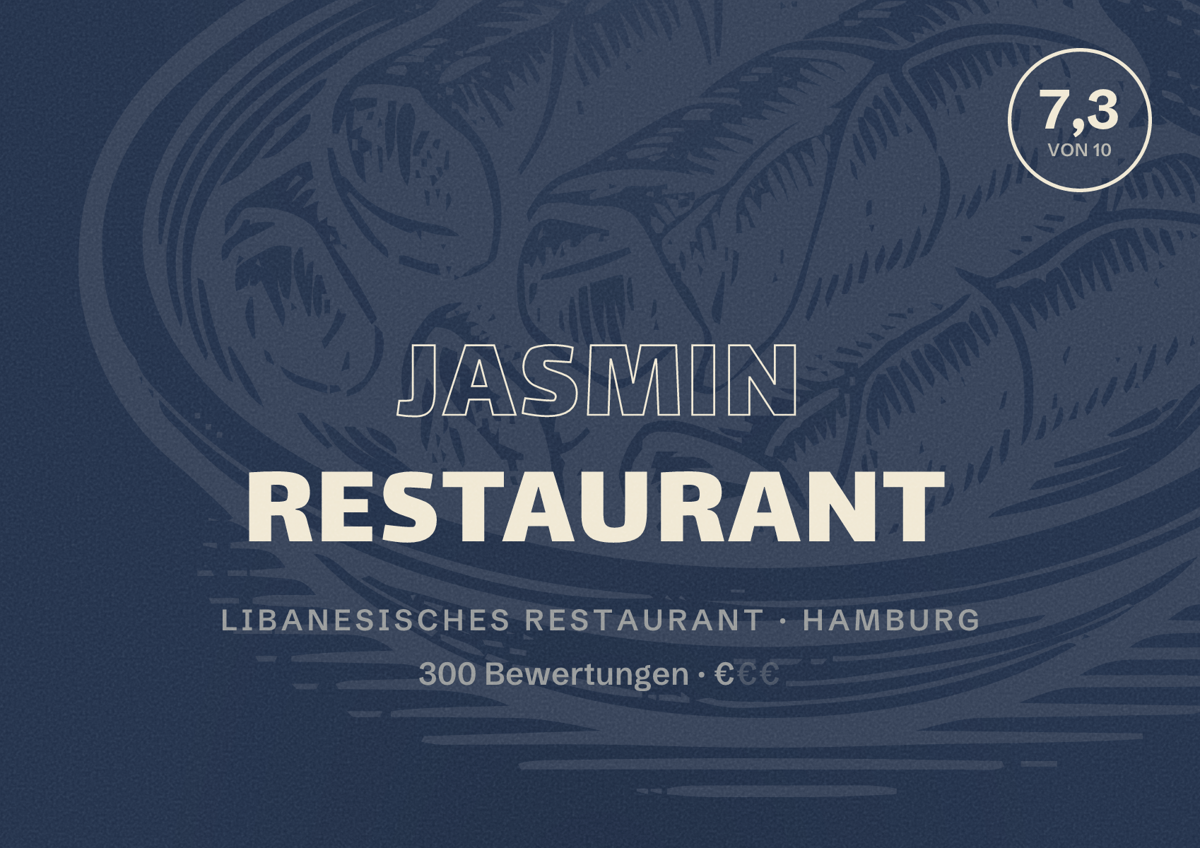 Illustriertes Poster von Jasmin Restaurant, Libanesisches Restaurant in Hamburg: Bewertung 7,3 von 10 aus 300 Bewertungen, Preisniveau €