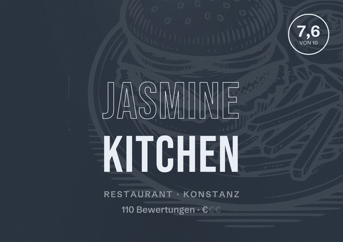 Illustriertes Poster von Jasmine Kitchen, Restaurant in Konstanz: Bewertung 7,6 von 10 aus 110 Bewertungen, Preisniveau €